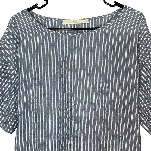 CLN Linen Blend Blue White Striped Short Sleeve‎ Top Size Large - Picture 2 of 8